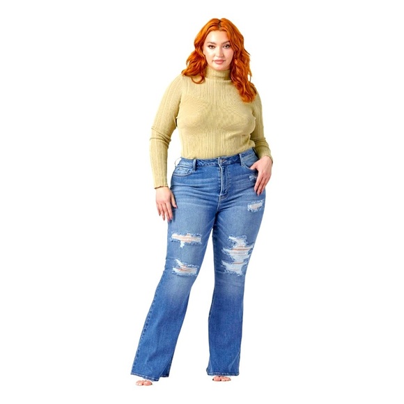 Super Slim Flare High Rise Distressed Plus Size 18 Jeans - Picture 1 of 4